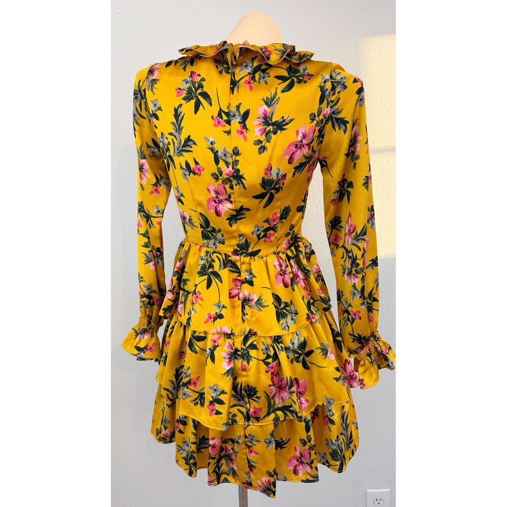 Avec Les Filles Mustard Floral Ruffle Tiered Mini Dress Cottagecore Coquette 6 - Picture 4 of 9